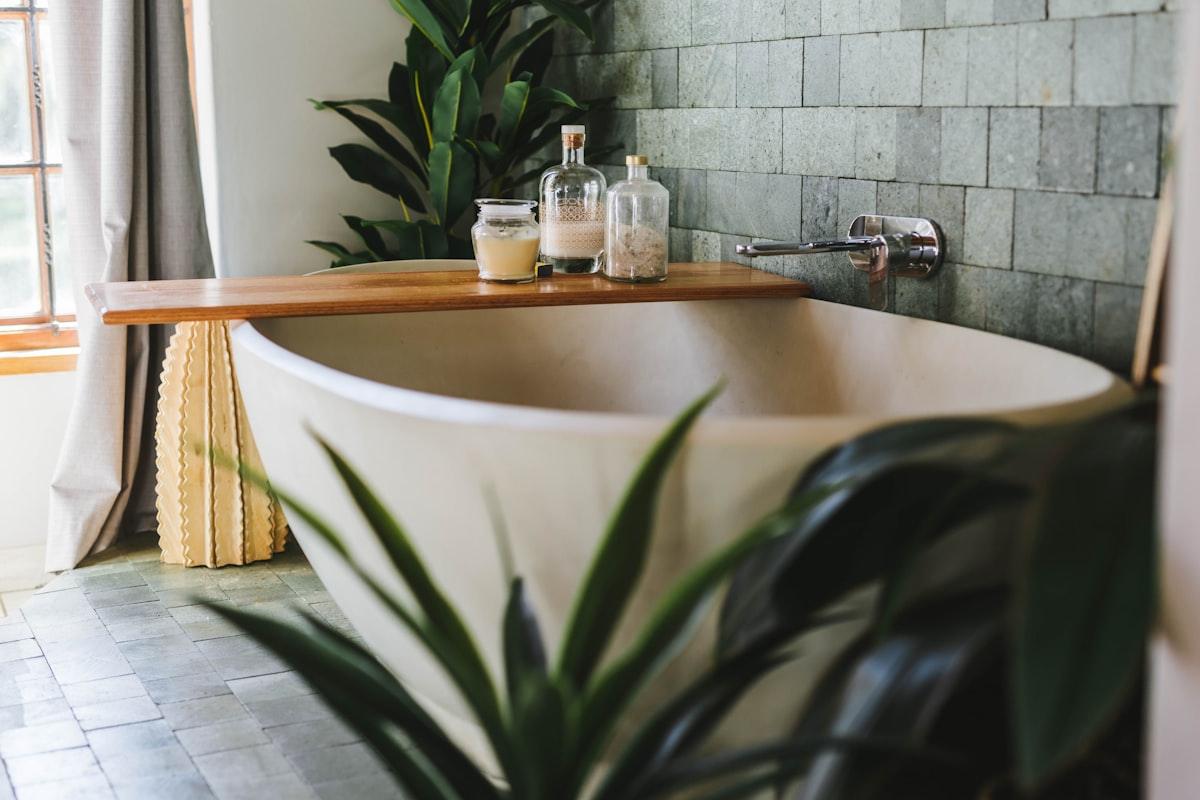 Muhabura suite bath: deep freestanding tub beside a potted plant